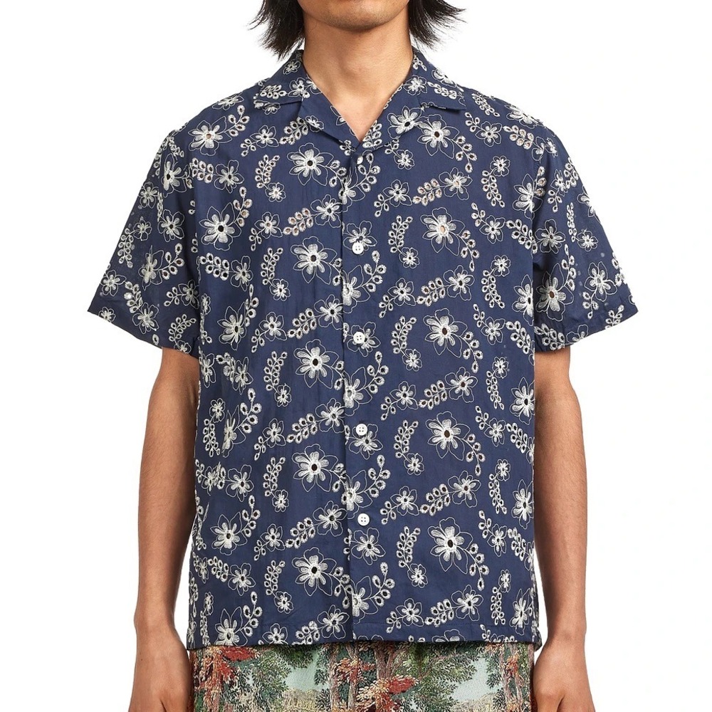 Portuguese Flannel Folclore 4 Navy Floral Eyelet Embroidery Short Sleeve Shirt L